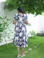 Rayon Navy Blue Leaf Print Rayon Maxi Frock with Puff Sleeve - Mangai Nighties