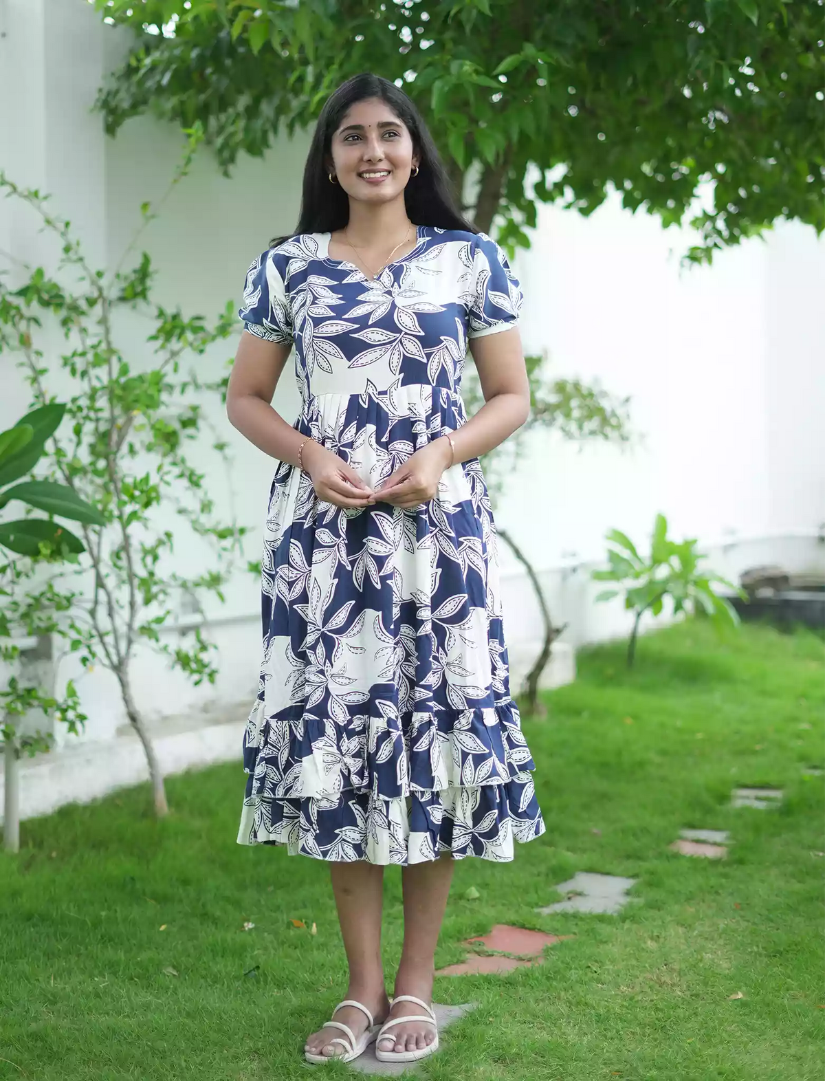 Rayon Navy Blue Leaf Print Rayon Maxi Frock with Puff Sleeve - Mangai Nighties