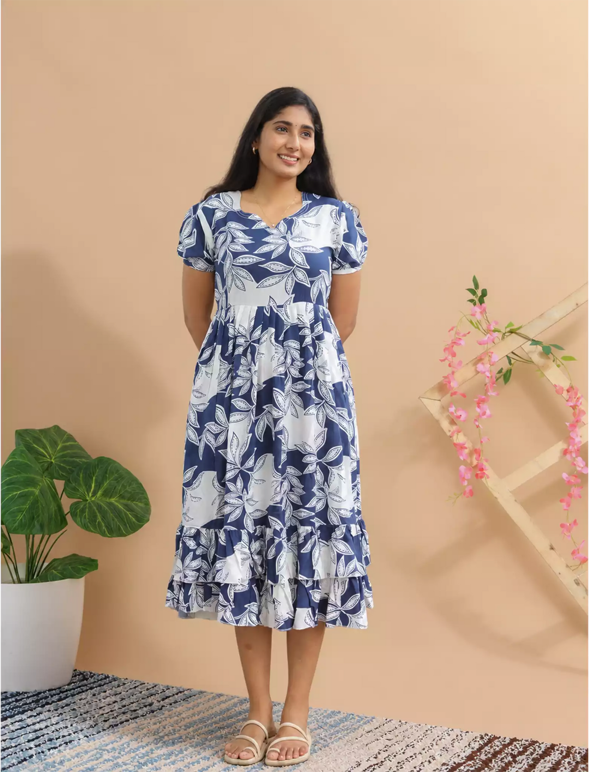 Rayon Navy Blue Leaf Print Rayon Maxi Frock with Puff Sleeve - Mangai Nighties