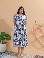 Rayon Navy Blue Leaf Print Rayon Maxi Frock with Puff Sleeve - Mangai Nighties