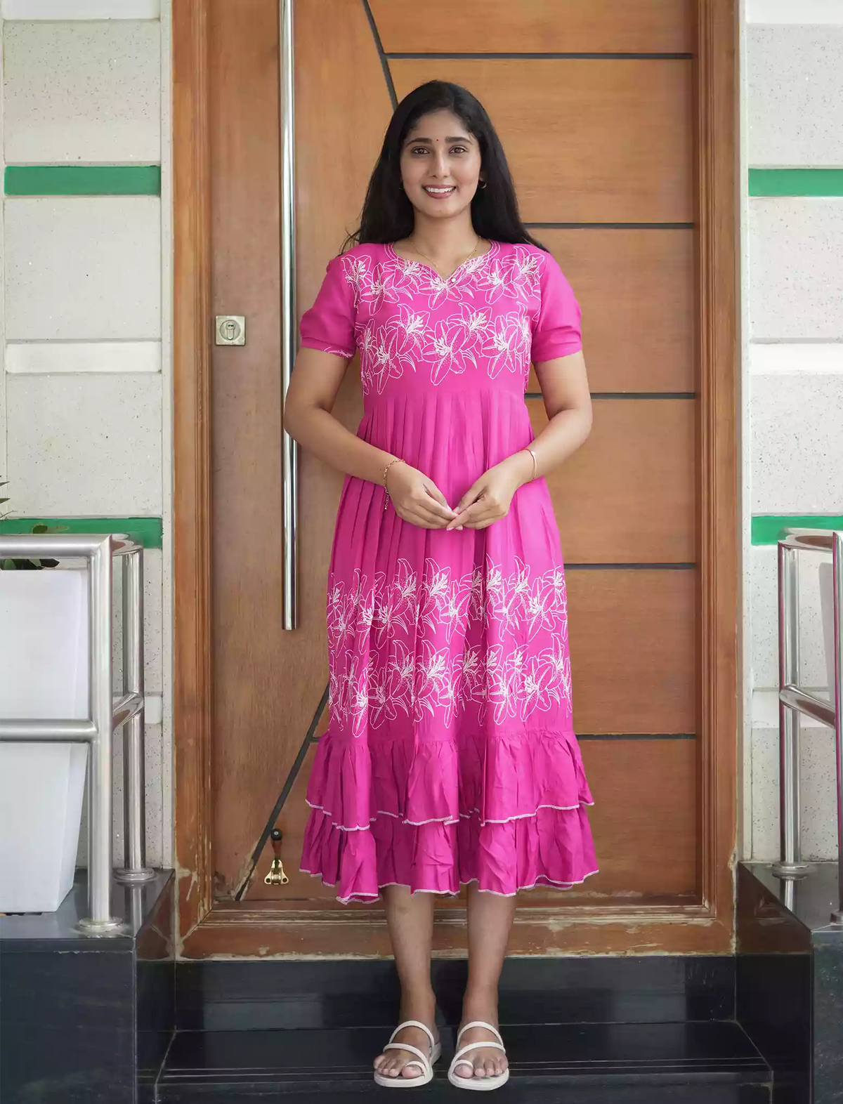 Rayon Pink Lily Floral Print Maxi Frock with Frilled Bottom - Mangai Nighties