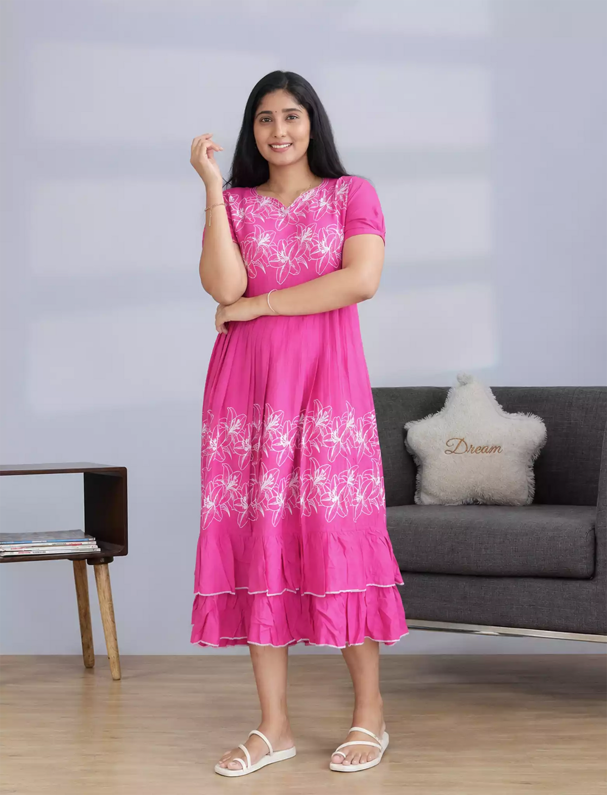 Rayon Pink Lily Floral Print Maxi Frock with Frilled Bottom - Mangai Nighties