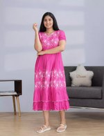Rayon Pink Lily Floral Print Maxi Frock with Frilled Bottom - Mangai Nighties