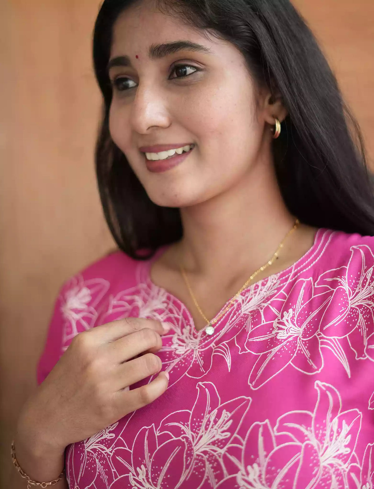 Rayon Pink Lily Floral Print Maxi Frock with Frilled Bottom - Mangai Nighties