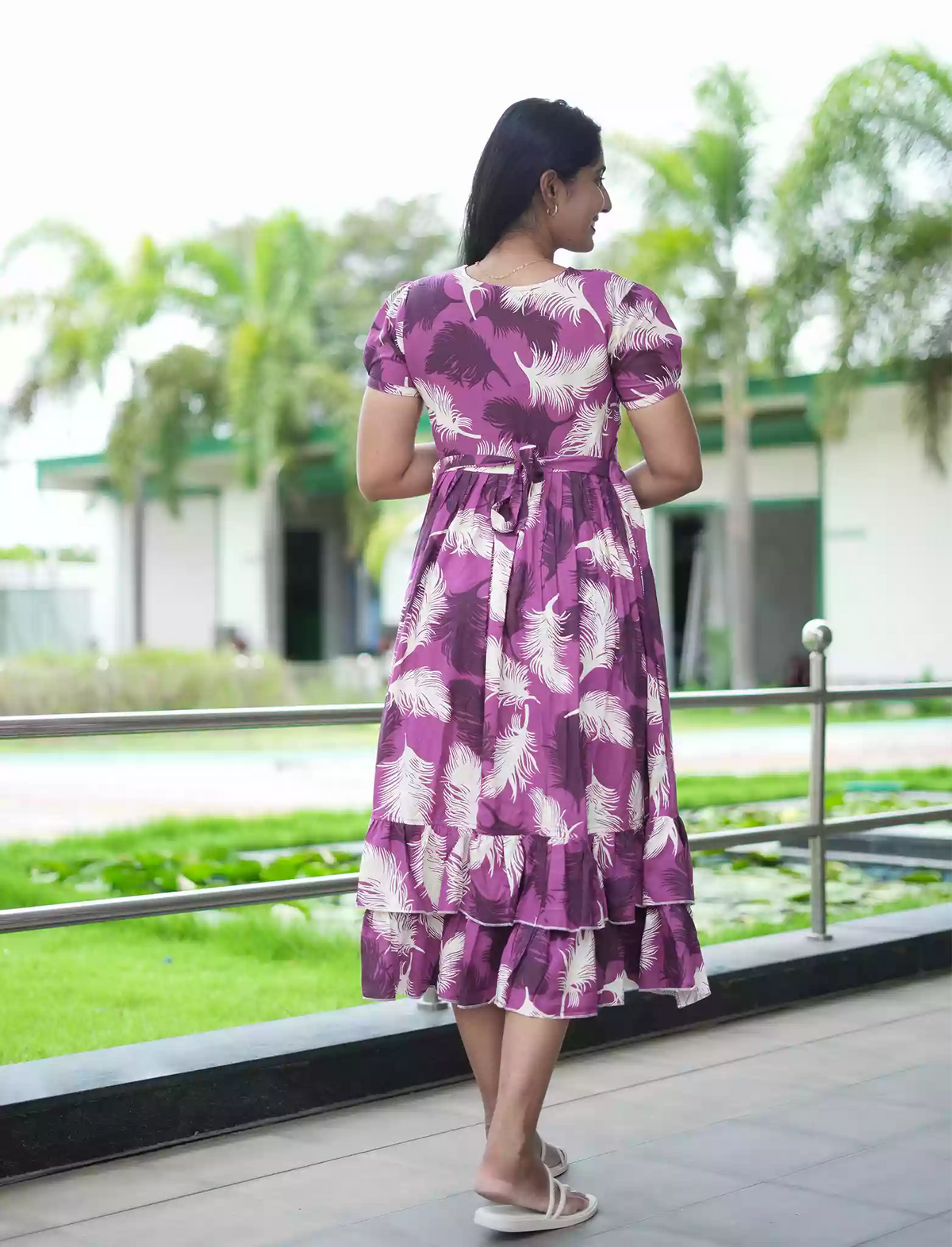 Rayon Purple Feather Print Rayon Maxi Frock with Back Tie- Mangai Nighties