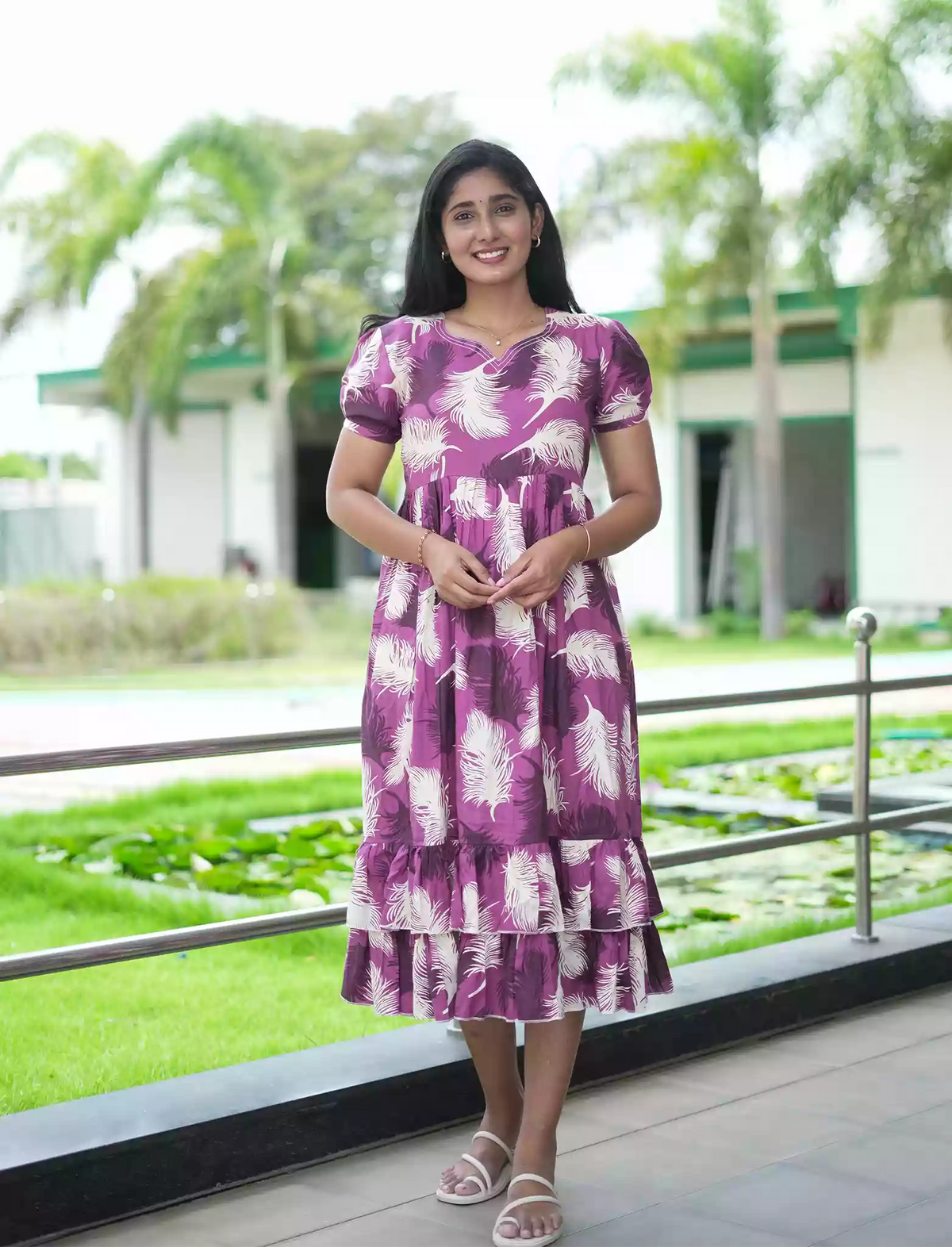 Rayon Purple Feather Print Rayon Maxi Frock with Back Tie- Mangai Nighties