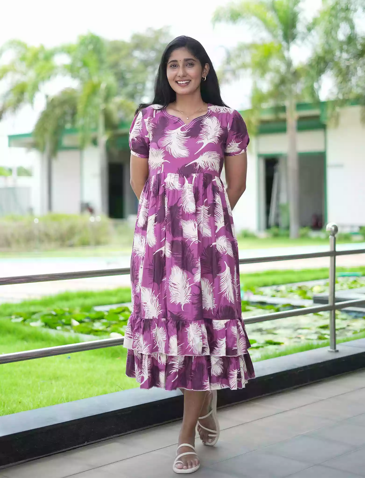 Rayon Purple Feather Print Rayon Maxi Frock with Back Tie- Mangai Nighties