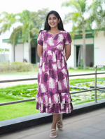 Rayon Purple Feather Print Rayon Maxi Frock with Back Tie- Mangai Nighties