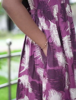 Rayon Purple Feather Print Rayon Maxi Frock with Back Tie- Mangai Nighties