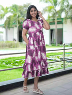 Rayon Purple Feather Print Rayon Maxi Frock with Back Tie- Mangai Nighties
