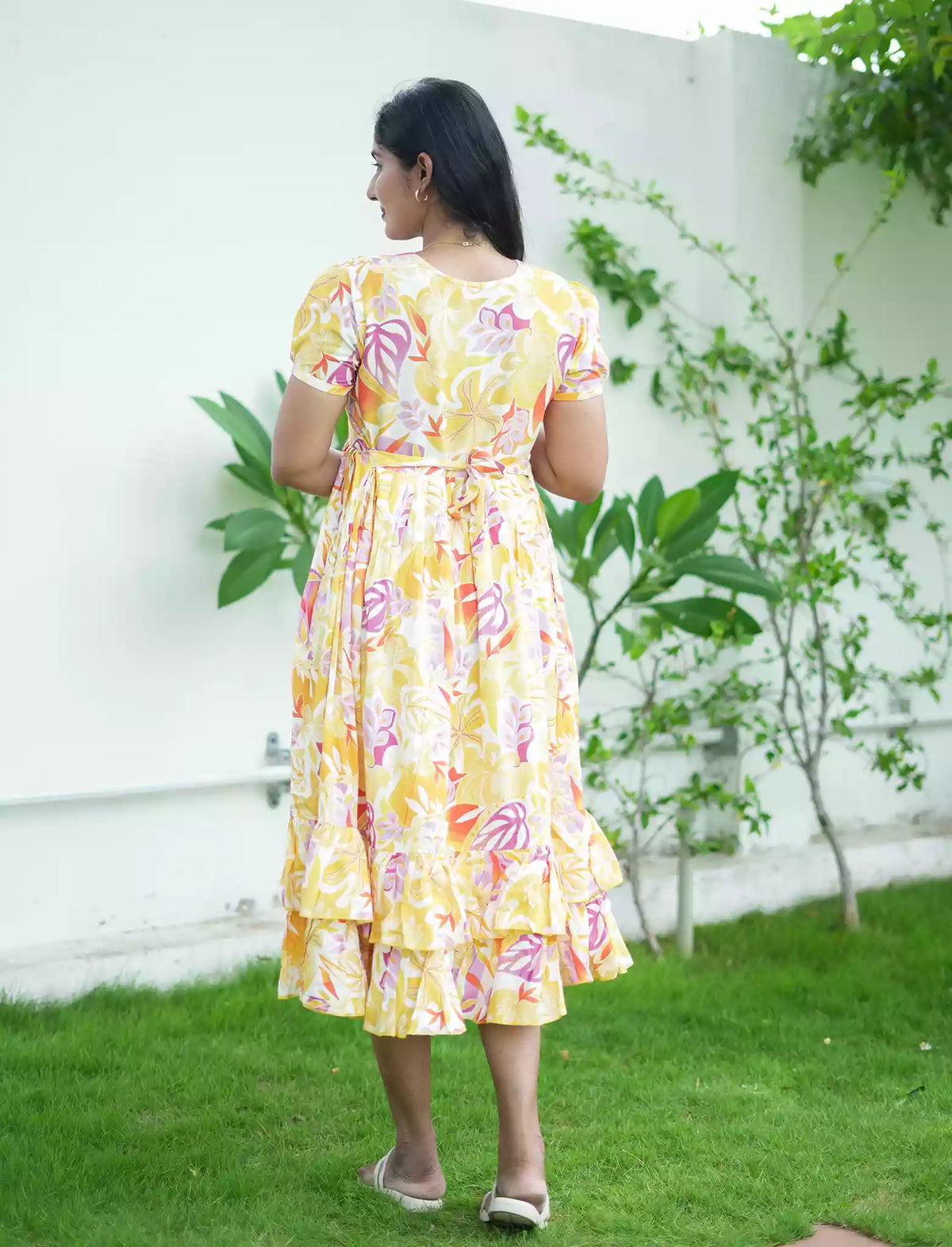 Rayon Yellow Floral Print Maxi Frock with Back Tie - Mangai Nighties