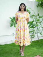 Rayon Yellow Floral Print Maxi Frock with Back Tie - Mangai Nighties