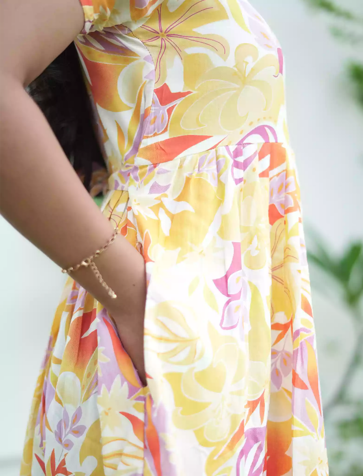 Rayon Yellow Floral Print Maxi Frock with Back Tie - Mangai Nighties