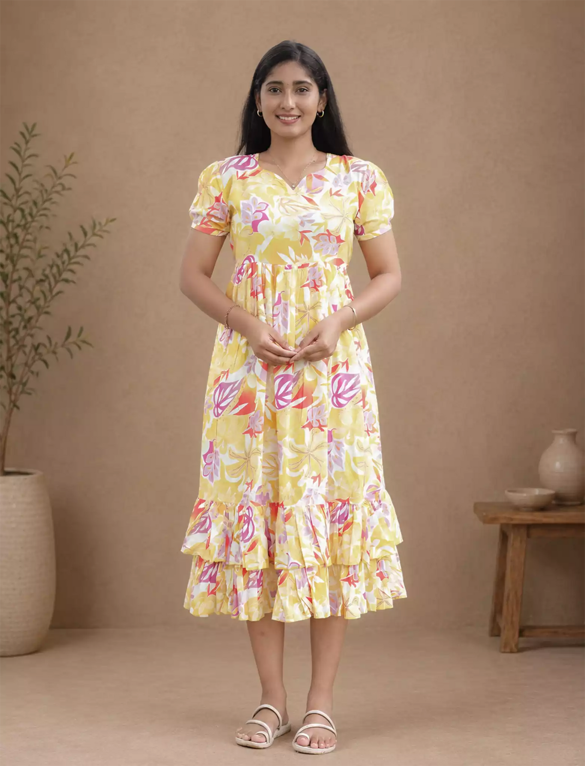 Rayon Yellow Floral Print Maxi Frock with Back Tie - Mangai Nighties