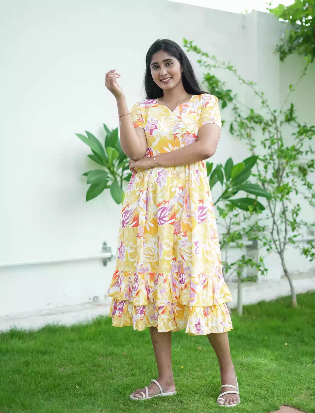 Rayon Yellow Floral Print Maxi Frock with Back Tie - Mangai Nighties