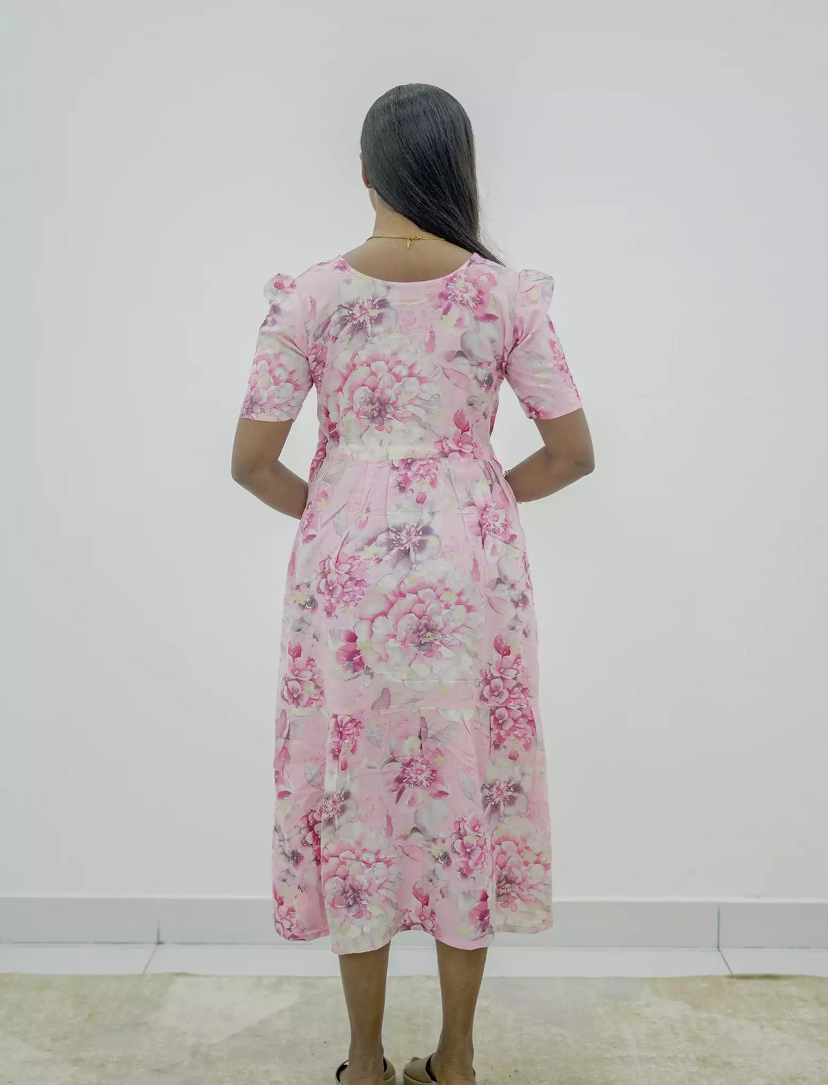 Rayon Floral Puff Sleeve Maxi Frock with Gathering Front Tie | Mangai Nighties