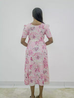 Rayon Floral Puff Sleeve Maxi Frock with Gathering Front Tie | Mangai Nighties