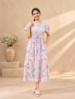 Rayon Floral Foil Print Double Layer Sleeve Maxi Frock | Mangai Nighties