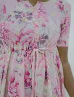 Rayon Floral Puff Sleeve Maxi Frock with Gathering Front Tie | Mangai Nighties