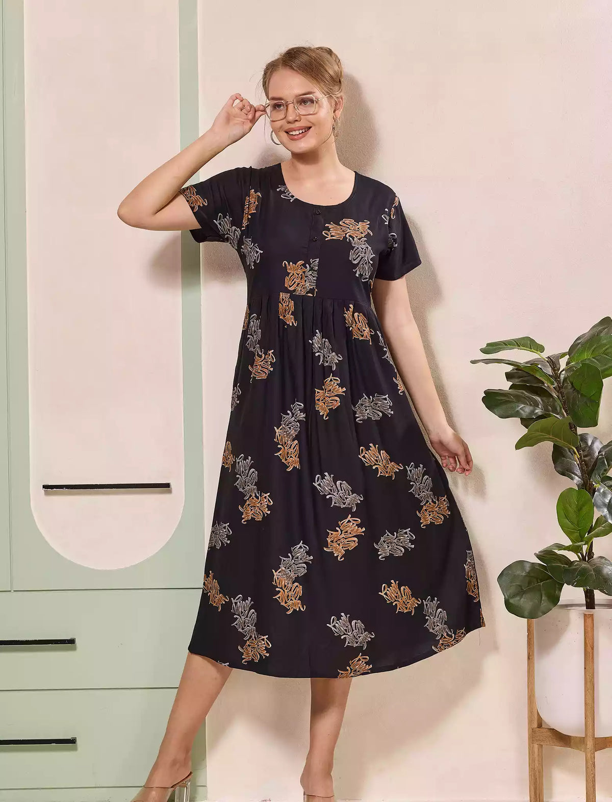 Floral Motif Print Half Sleeve Floral Maxi Button Style | Mangai Nighties