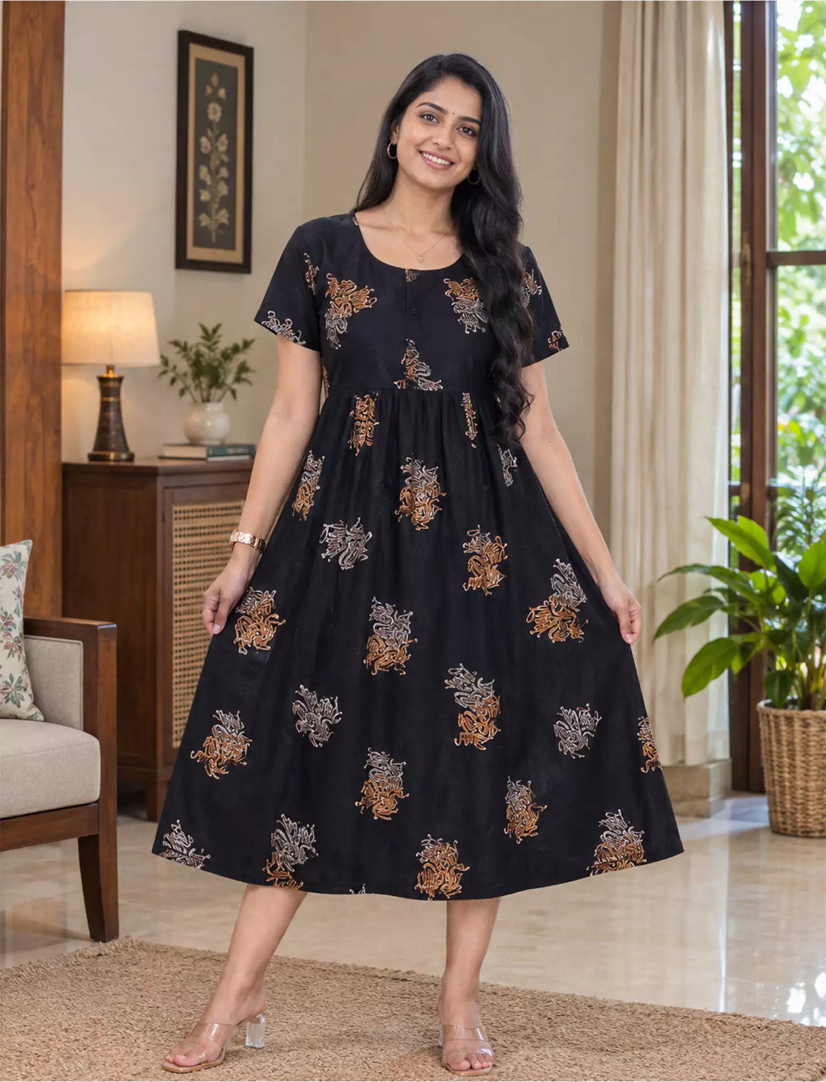 Floral Motif Print Half Sleeve Floral Maxi Button Style | Mangai Nighties