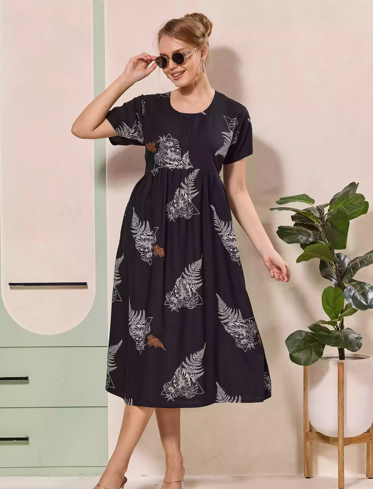 Floral Printed Regular Sleeve Button Front Maxi with Pocket | Mangai Nighties