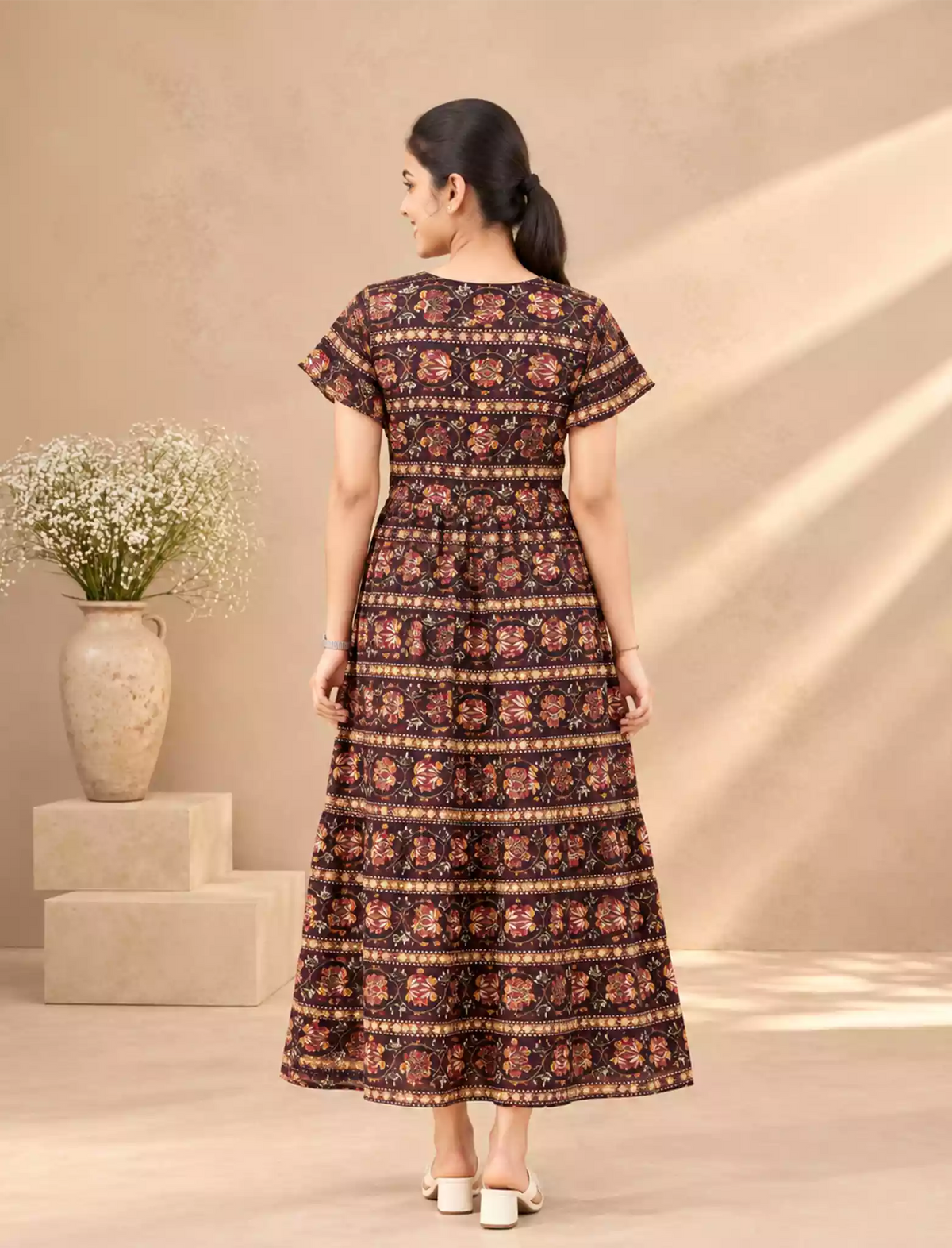 Rayon Foil Print Double Layer Sleeve Maxi Frock | Mangai Nighties