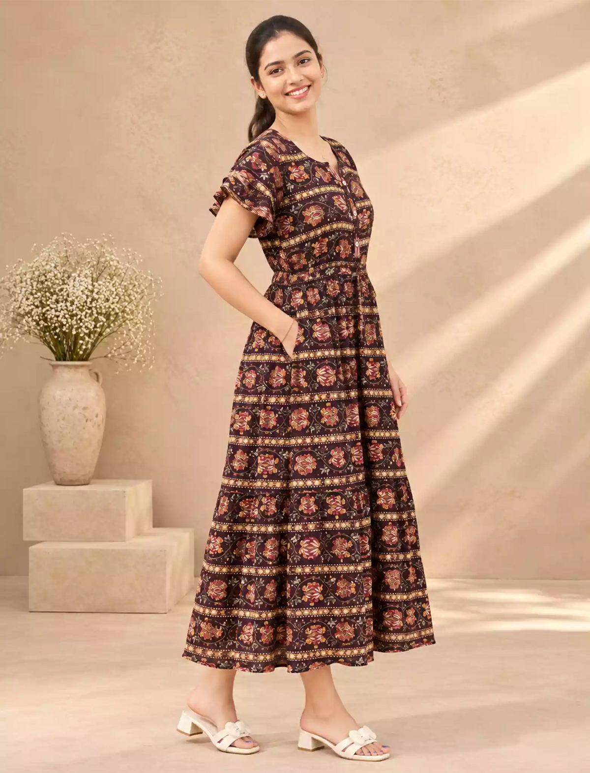 Rayon Foil Print Double Layer Sleeve Maxi Frock | Mangai Nighties
