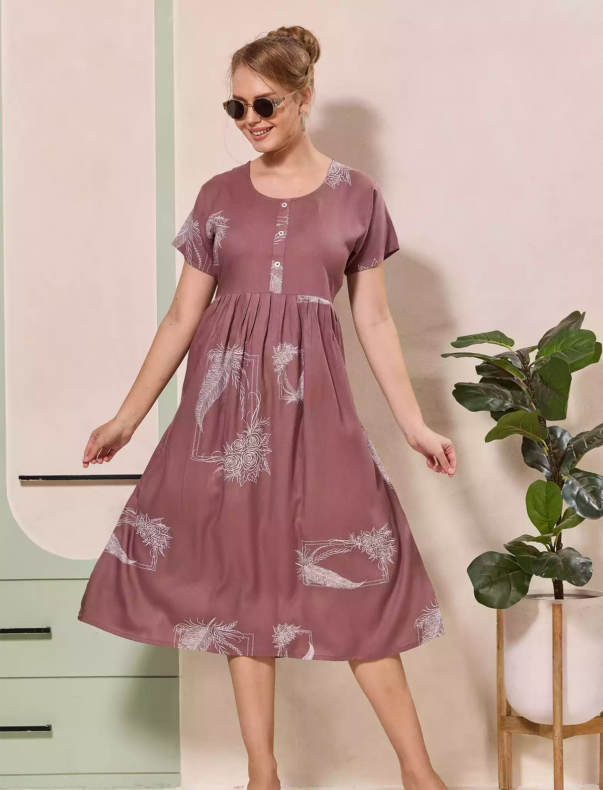 Floral Leaf Print Regular Sleeve Flared Maxi Casual Style | Mangai Nighties