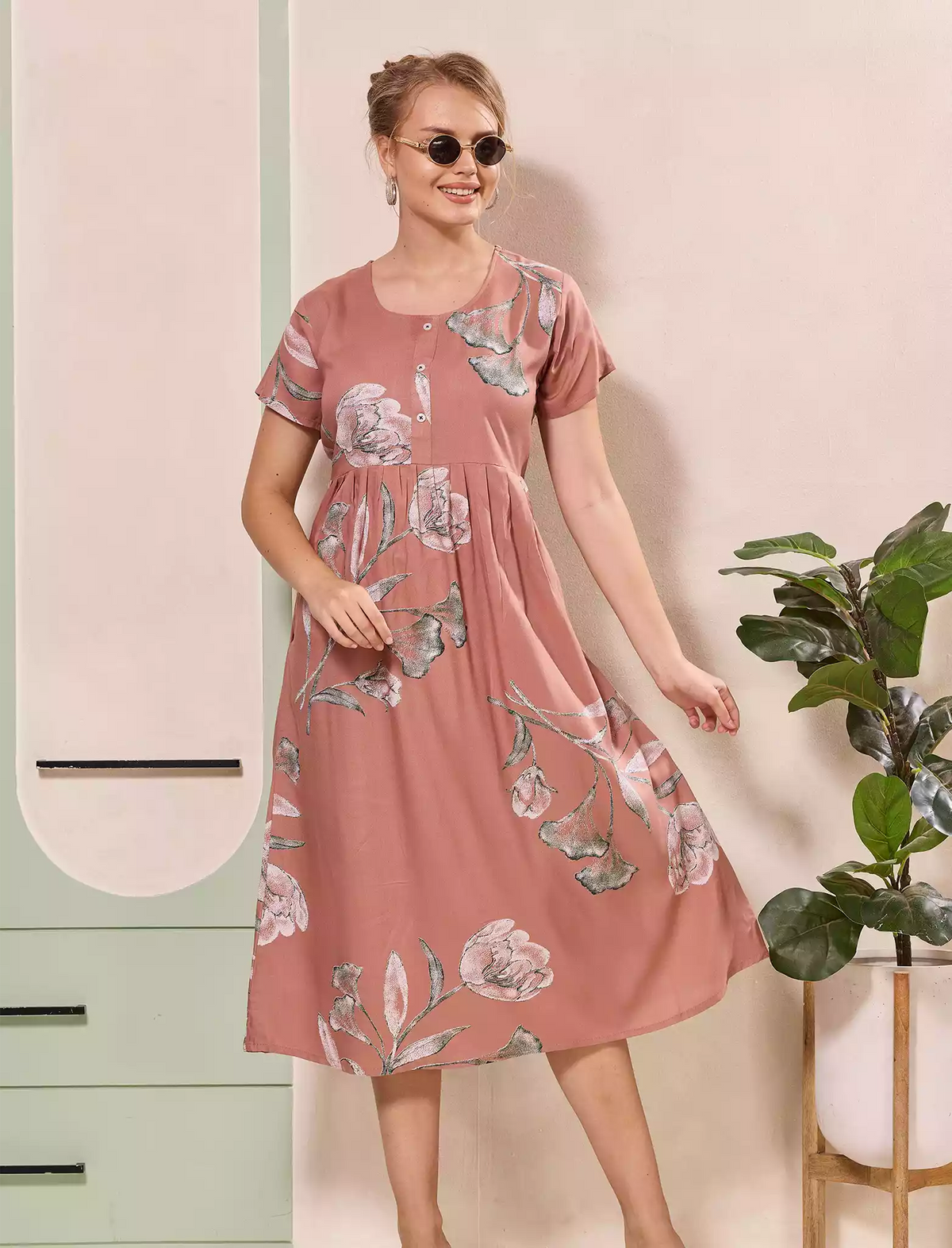 Floral Print Regular Sleeve Button Maxi Styling with Pocket | Mangai Nighties