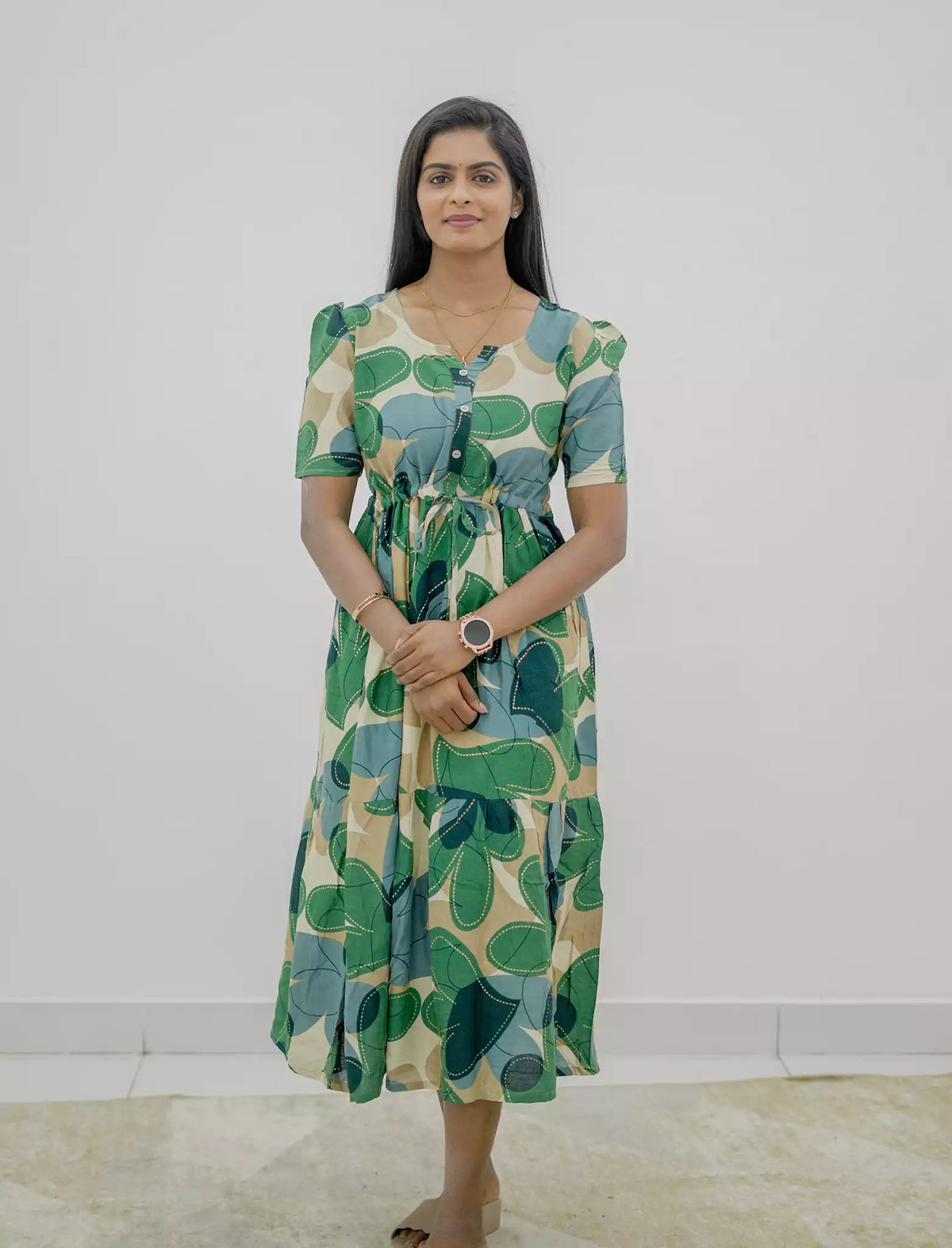 Rayon Puff Sleeve Foil Print Maxi Frock with Front Tie | Mangai Nighties