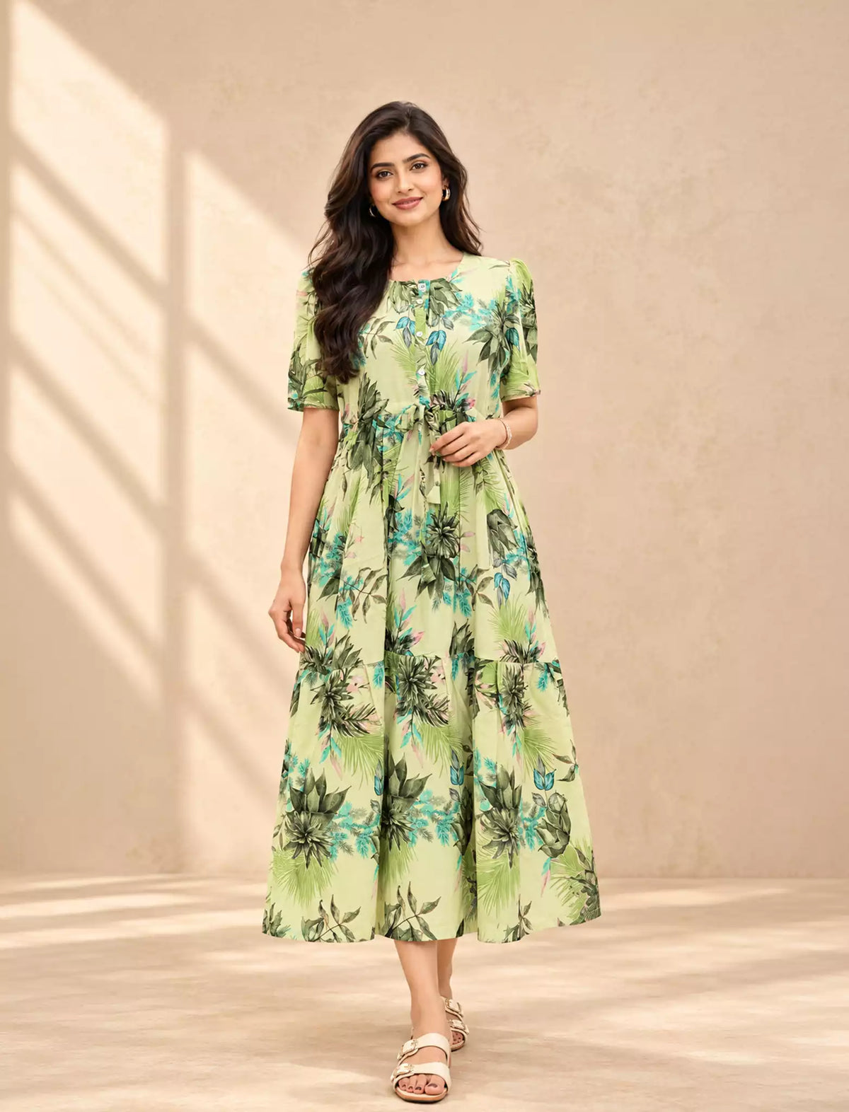 Rayon Floral Puff Sleeve Maxi Frock with Front Tie | Mangai Nighties