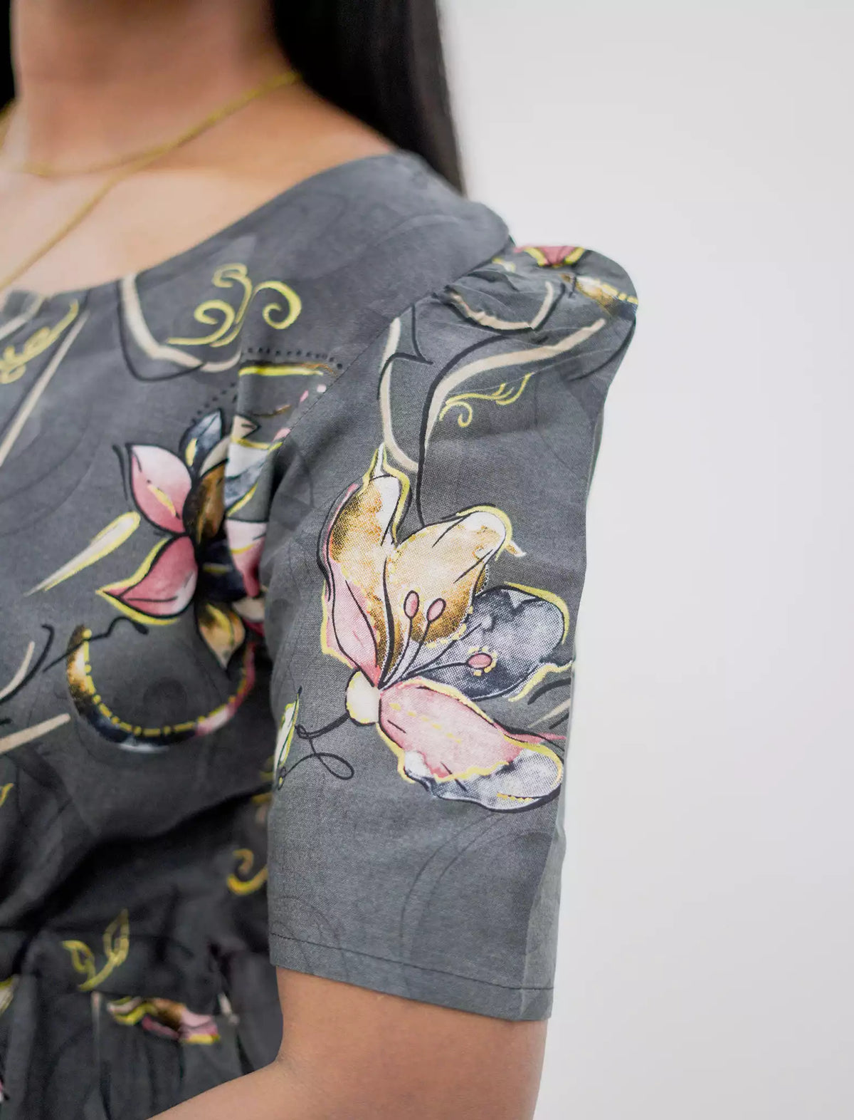 Rayon Floral Print Puff Sleeve Foil Gathering Maxi Frock | Mangai Nighties