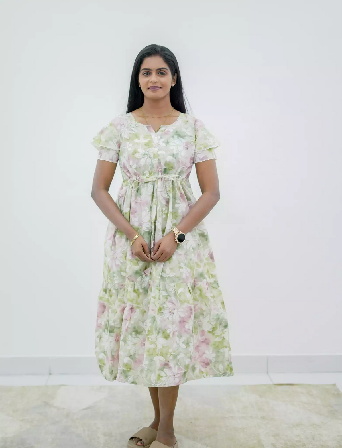 Rayon Floral Foil Print Double Layer Sleeve Maxi Frock | Mangai Nighties