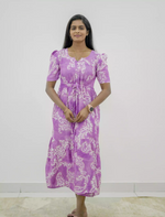 Rayon Paisley Print Puff Sleeve Gathering Maxi Frock with Side Pocket | Mangai Nighties