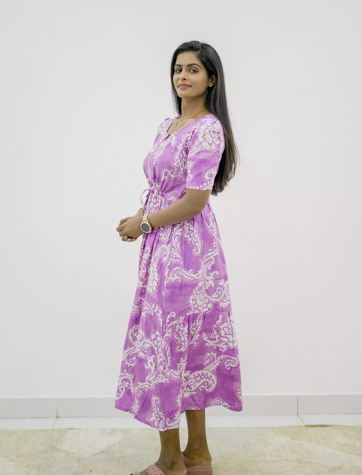 Rayon Paisley Print Puff Sleeve Gathering Maxi Frock with Side Pocket | Mangai Nighties