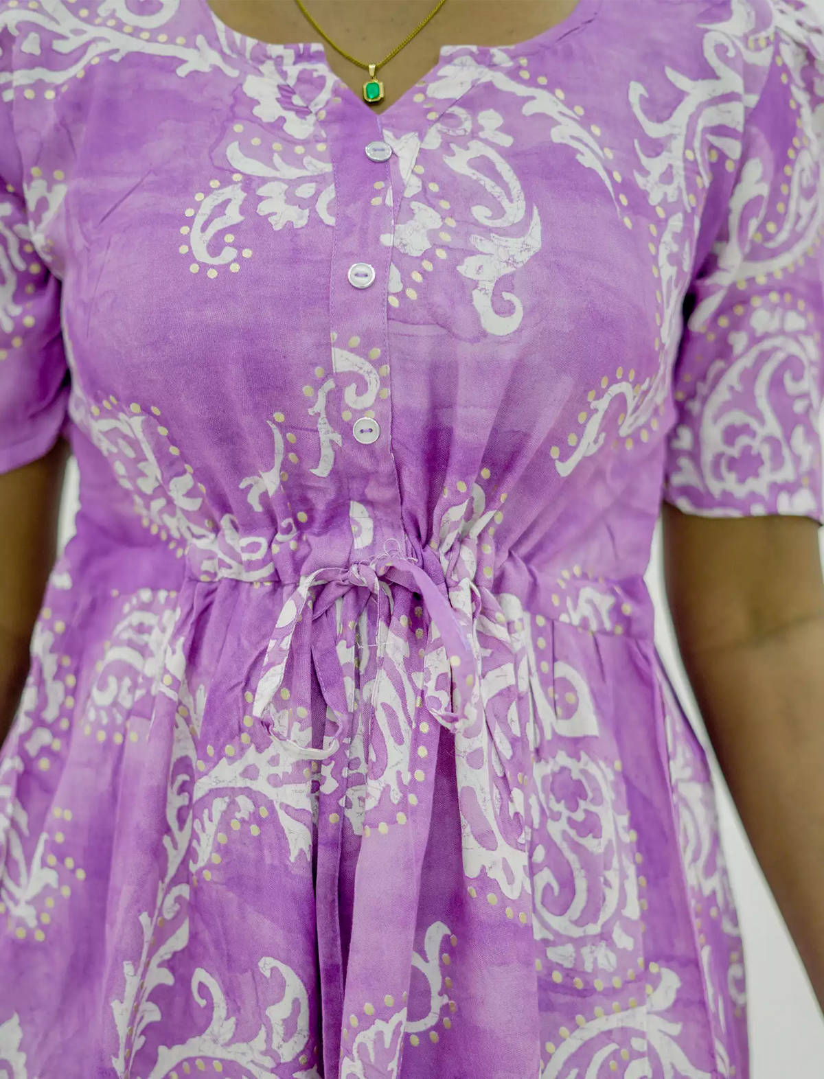 Rayon Paisley Print Puff Sleeve Gathering Maxi Frock with Side Pocket | Mangai Nighties