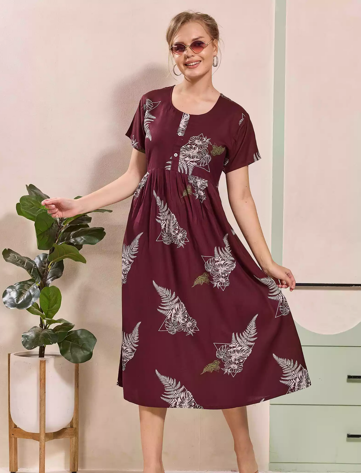Floral Printed Regular Sleeve Button Front Maxi with Pocket | Mangai Nighties