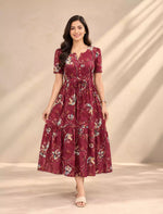 Rayon Floral Print Puff Sleeve Foil Gathering Maxi Frock | Mangai Nighties