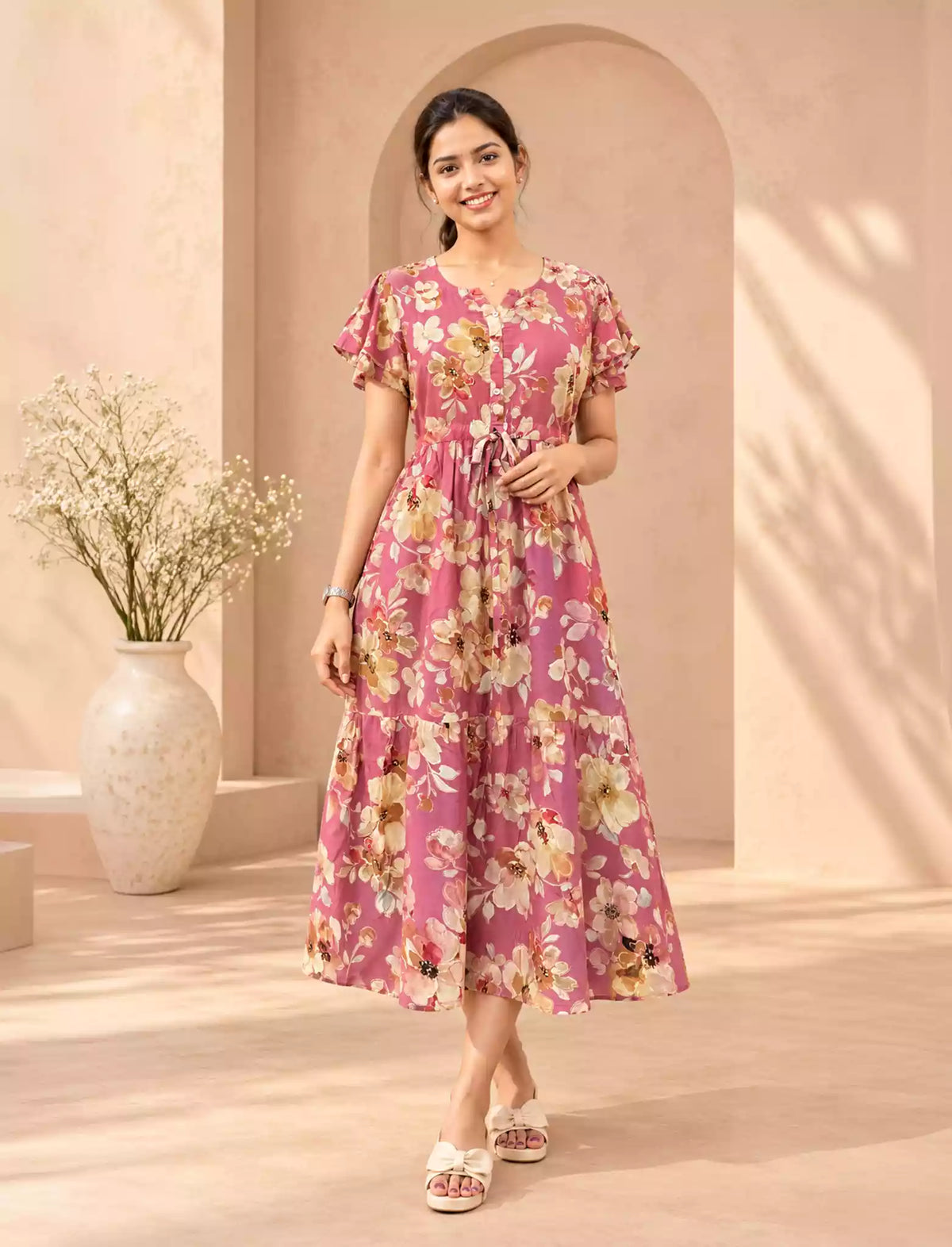 Rayon Floral Foil Print Double Layer Sleeve Maxi with Side Pocket | Mangai Nighties