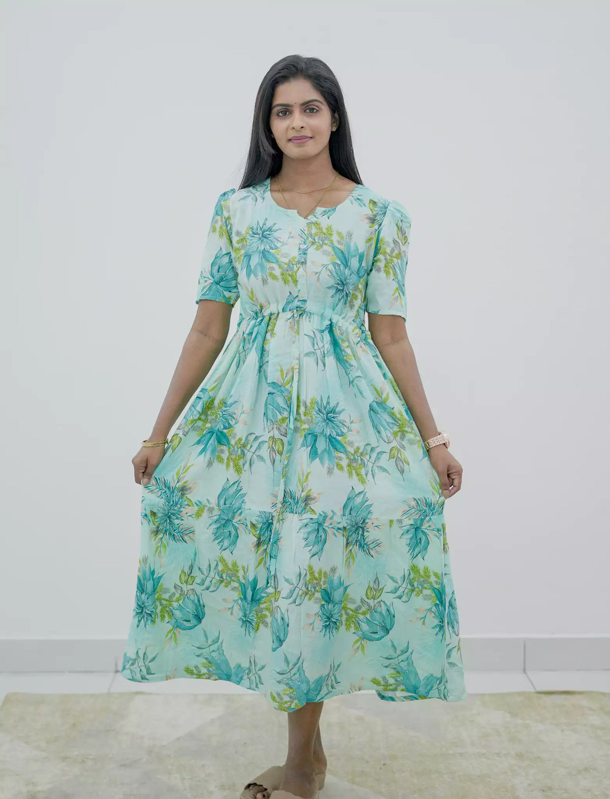Rayon Floral Puff Sleeve Maxi Frock with Front Tie | Mangai Nighties