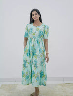 Rayon Floral Puff Sleeve Maxi Frock with Front Tie | Mangai Nighties