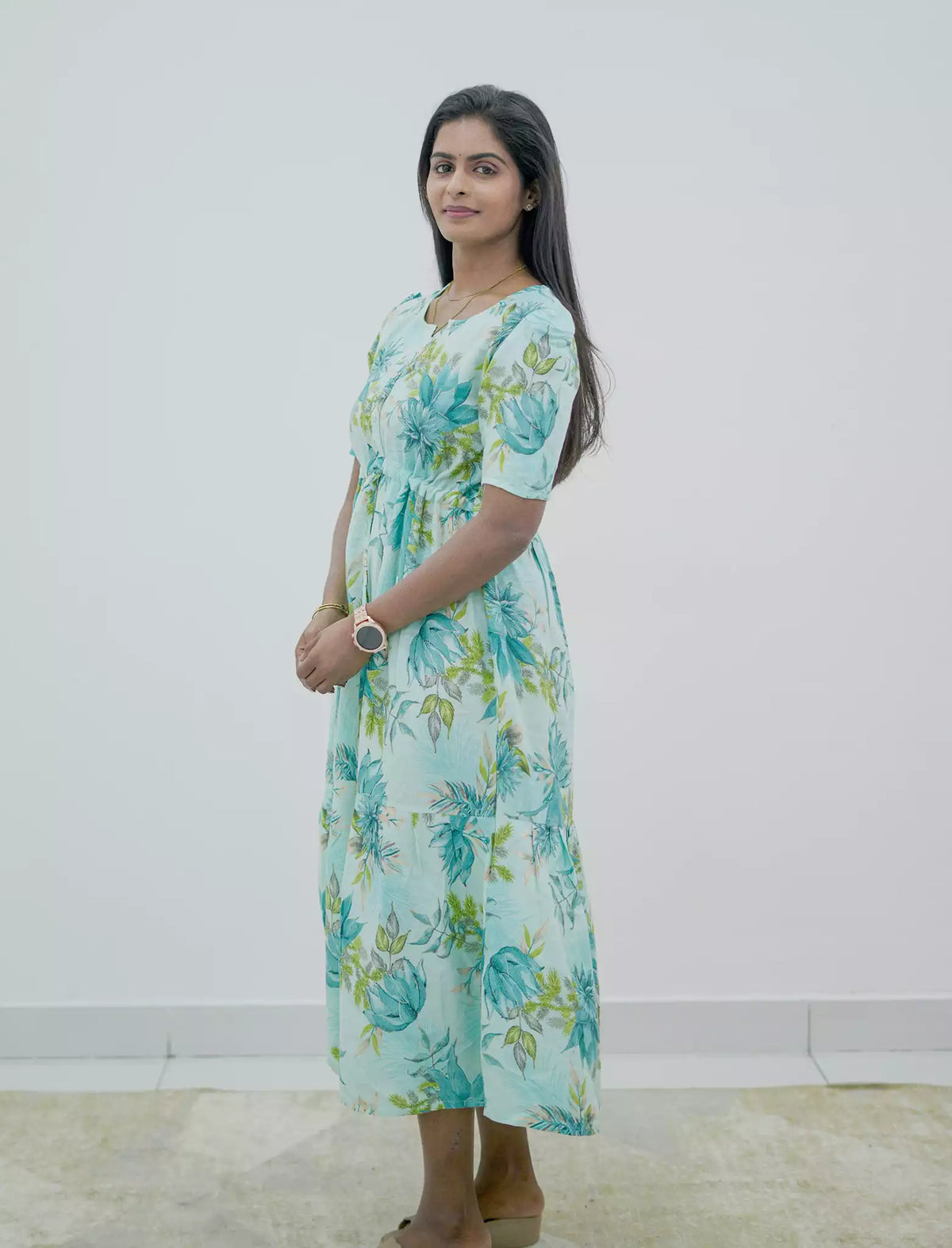 Rayon Floral Puff Sleeve Maxi Frock with Front Tie | Mangai Nighties