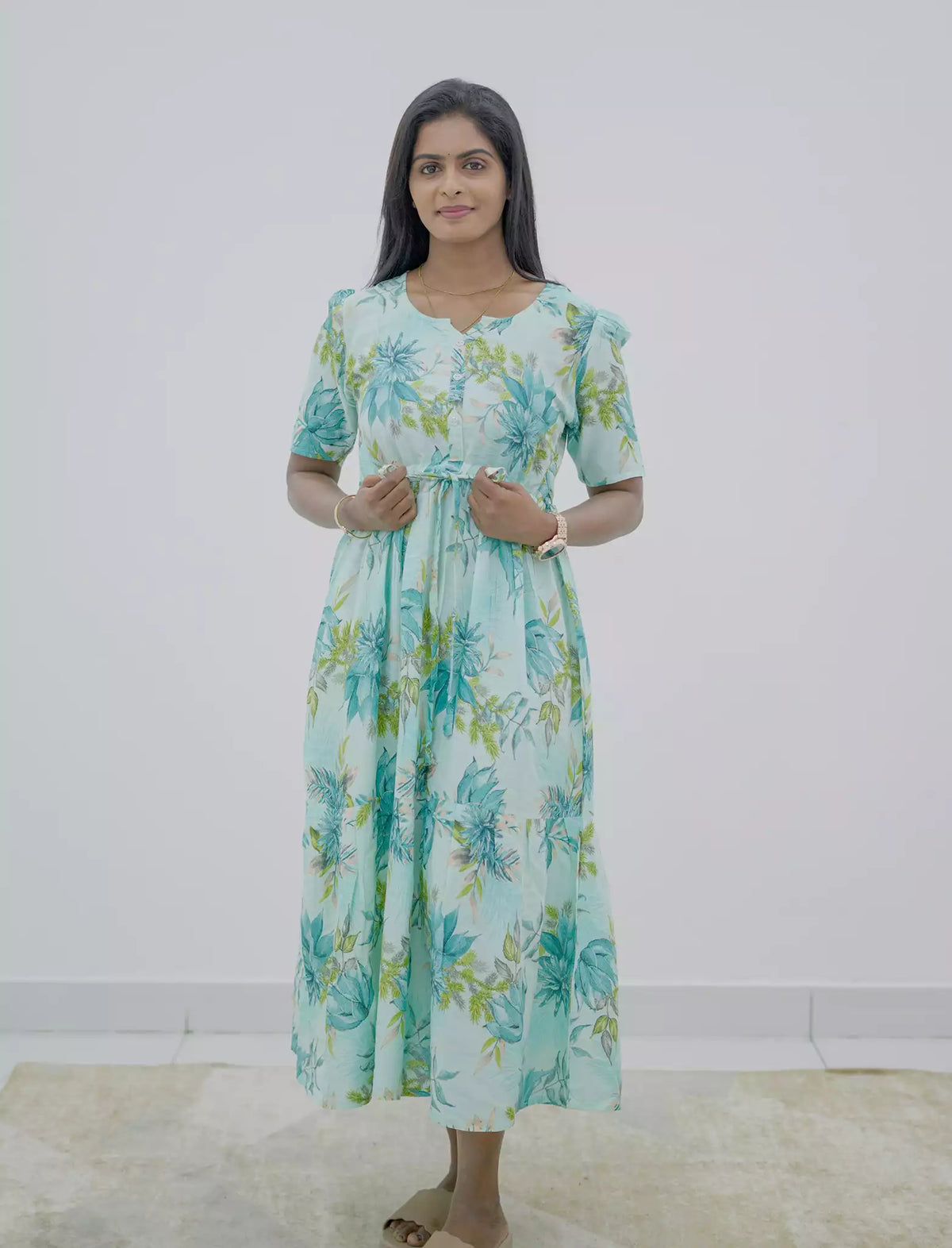 Rayon Floral Puff Sleeve Maxi Frock with Front Tie | Mangai Nighties