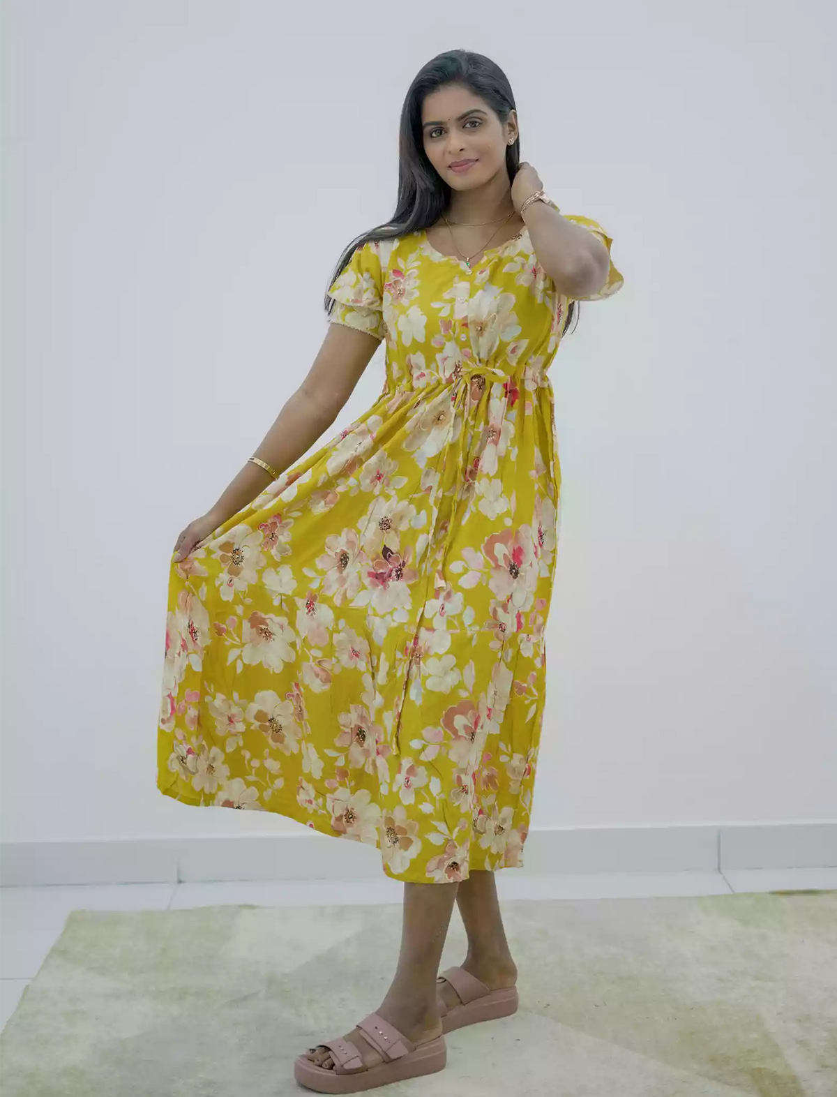Rayon Floral Foil Print Double Layer Sleeve Maxi with Side Pocket | Mangai Nighties