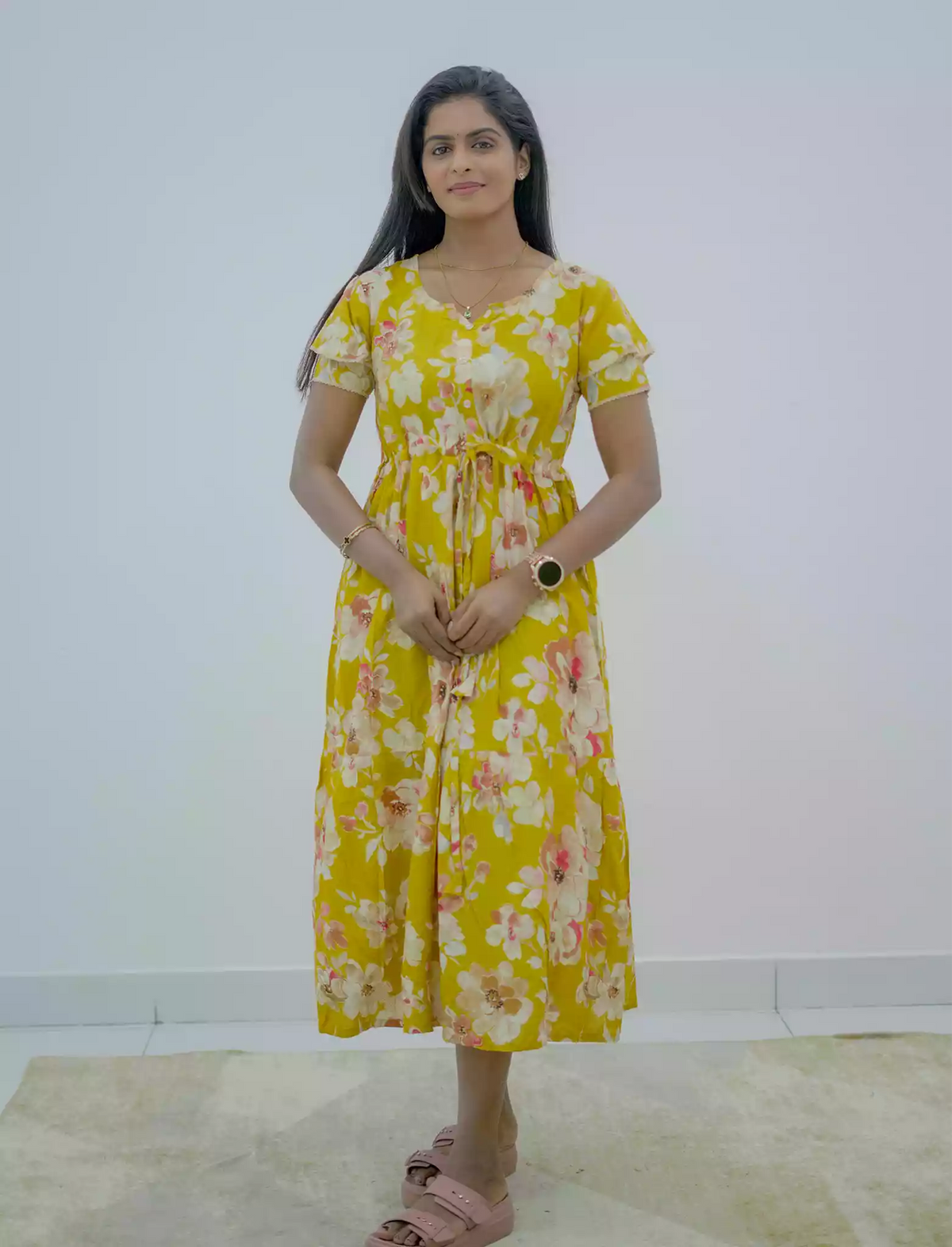 Rayon Floral Foil Print Double Layer Sleeve Maxi with Side Pocket | Mangai Nighties