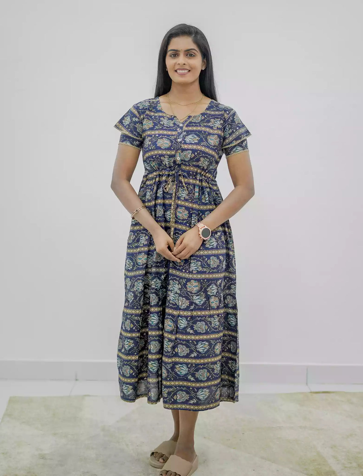 Rayon Foil Print Double Layer Sleeve Maxi Frock | Mangai Nighties