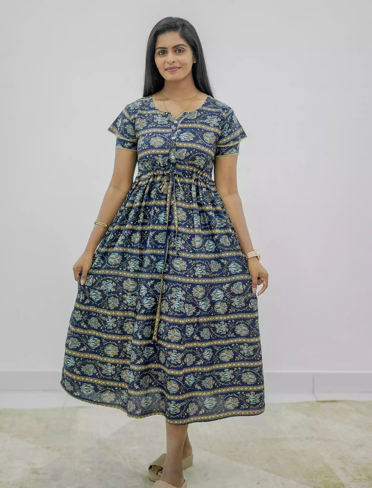 Rayon Foil Print Double Layer Sleeve Maxi Frock | Mangai Nighties