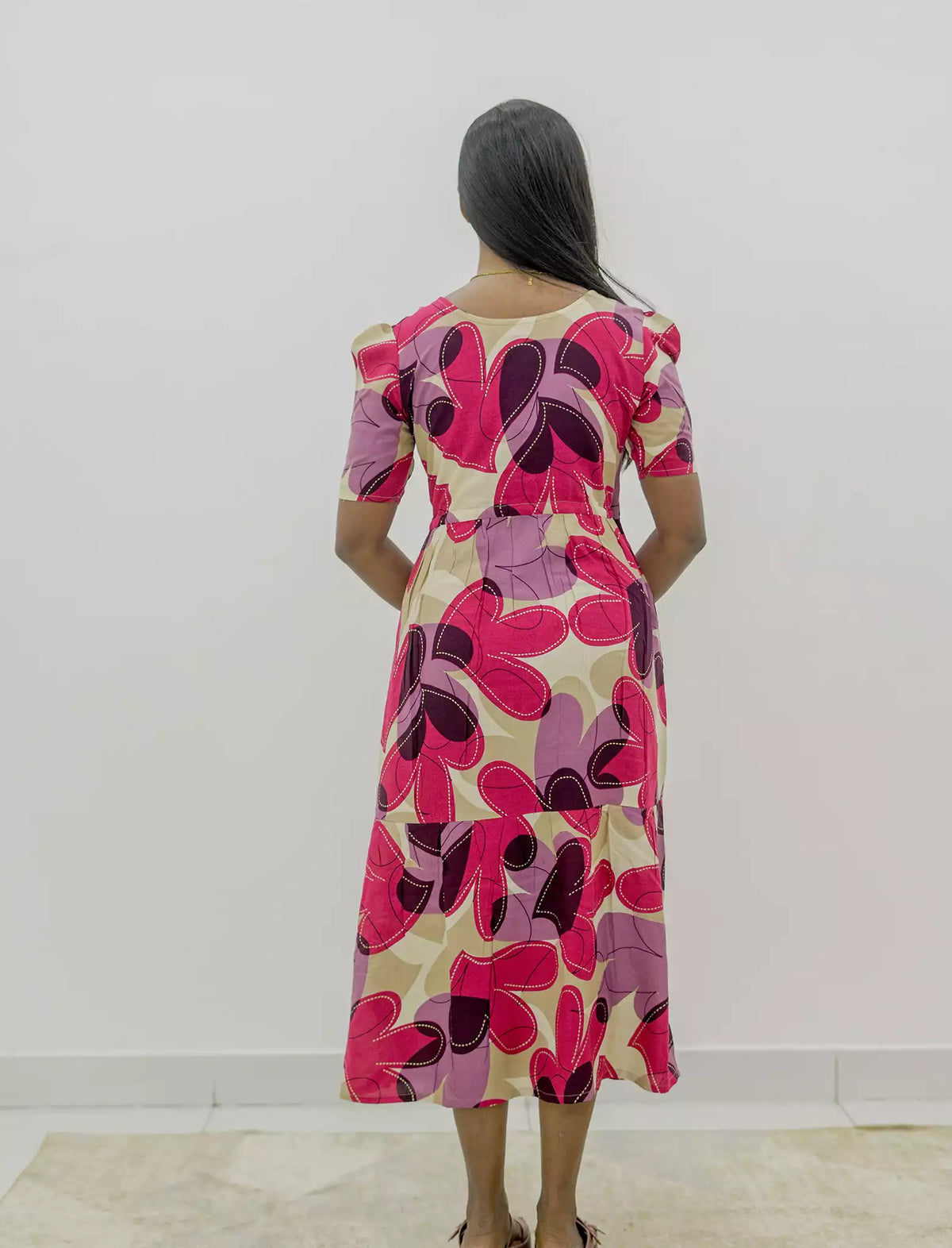 Rayon Puff Sleeve Foil Print Maxi Frock with Front Tie | Mangai Nighties