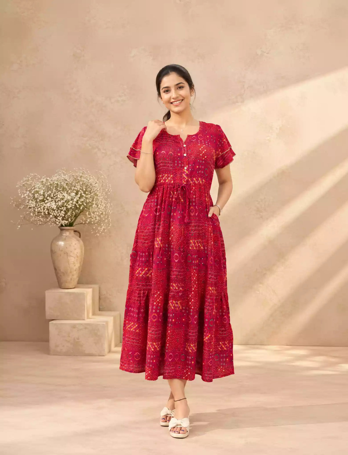Rayon Foil Print Double Layer Sleeve Maxi with Front Tie | Mangai Nighties